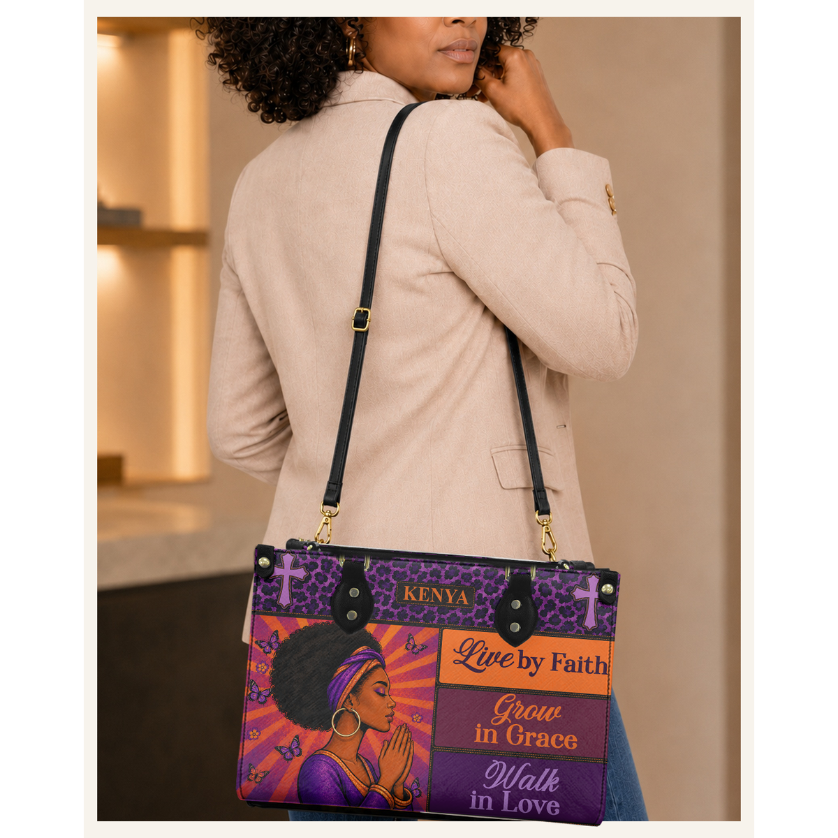 Personalized Live By Faith – V1 Leather Handbag — C06 product image