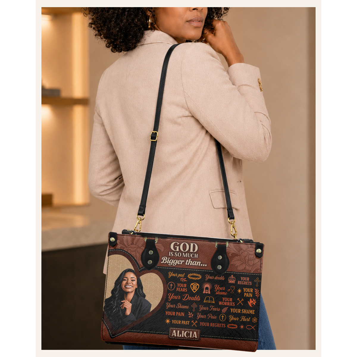 Personalized God Is Bigger Than Leather Handbag — C06 product image