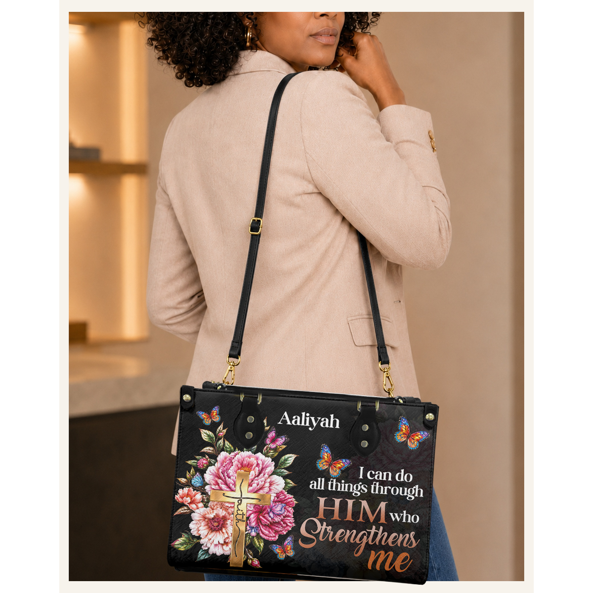 Personalized I Can Do All Things Through Christ Leather Handbag — C06 product image