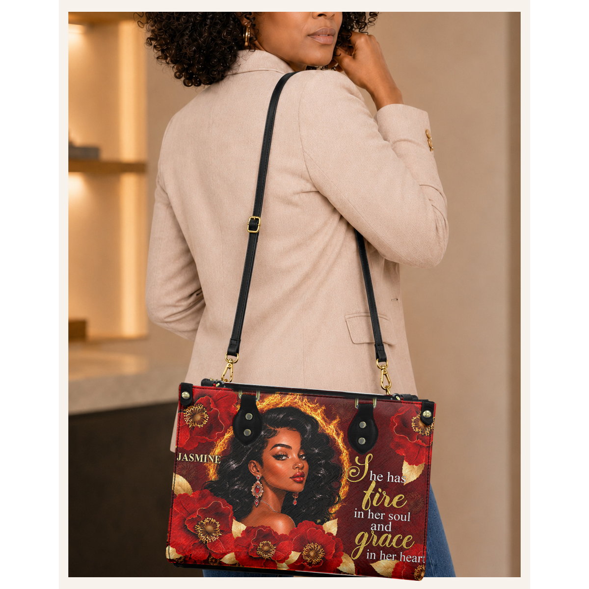 Personalized Fire In Her Soul, Grace In Her Heart Leather Handbag — C06 product image