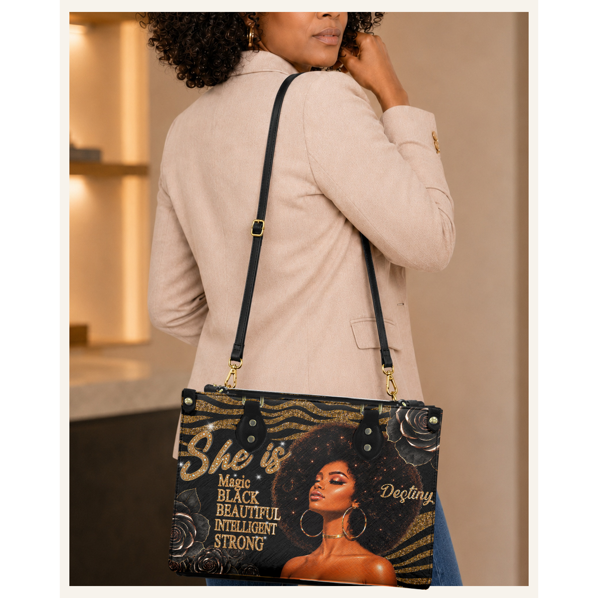 Personalized She Is – Black Queen Leather Handbag — C06 product image