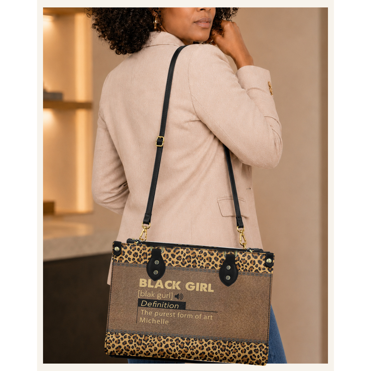 Personalized Black Girl Definition – Leopard Leather Handbag — C06 product image