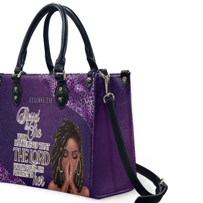 Blessed Is She Who Has Believed That The Lord Would Fulfill His Promises To Her (Purple Leopard) - Personalized Leather Handbag YA1-Ha