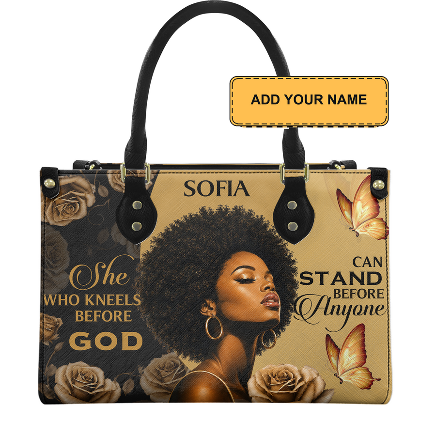 Personalized She Who Kneels Before God – V1 Leather Handbag