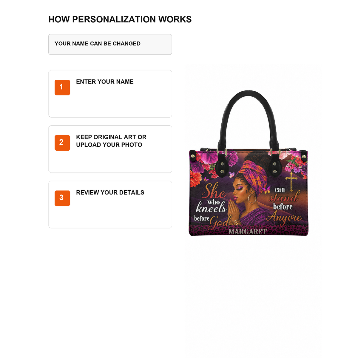 Personalized She Who Kneels Before God – V2 Leather Handbag — D12 product image