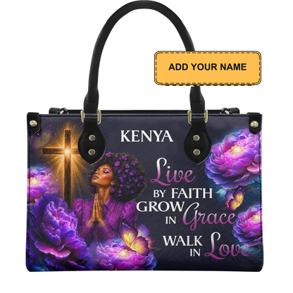 Personalized Live By Faith – V2 Leather Handbag — D01 product image