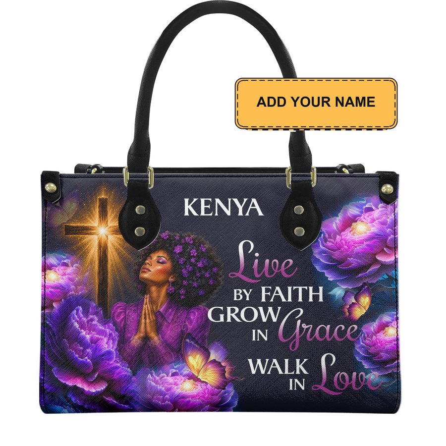 Personalized Live By Faith – V2 Leather Handbag