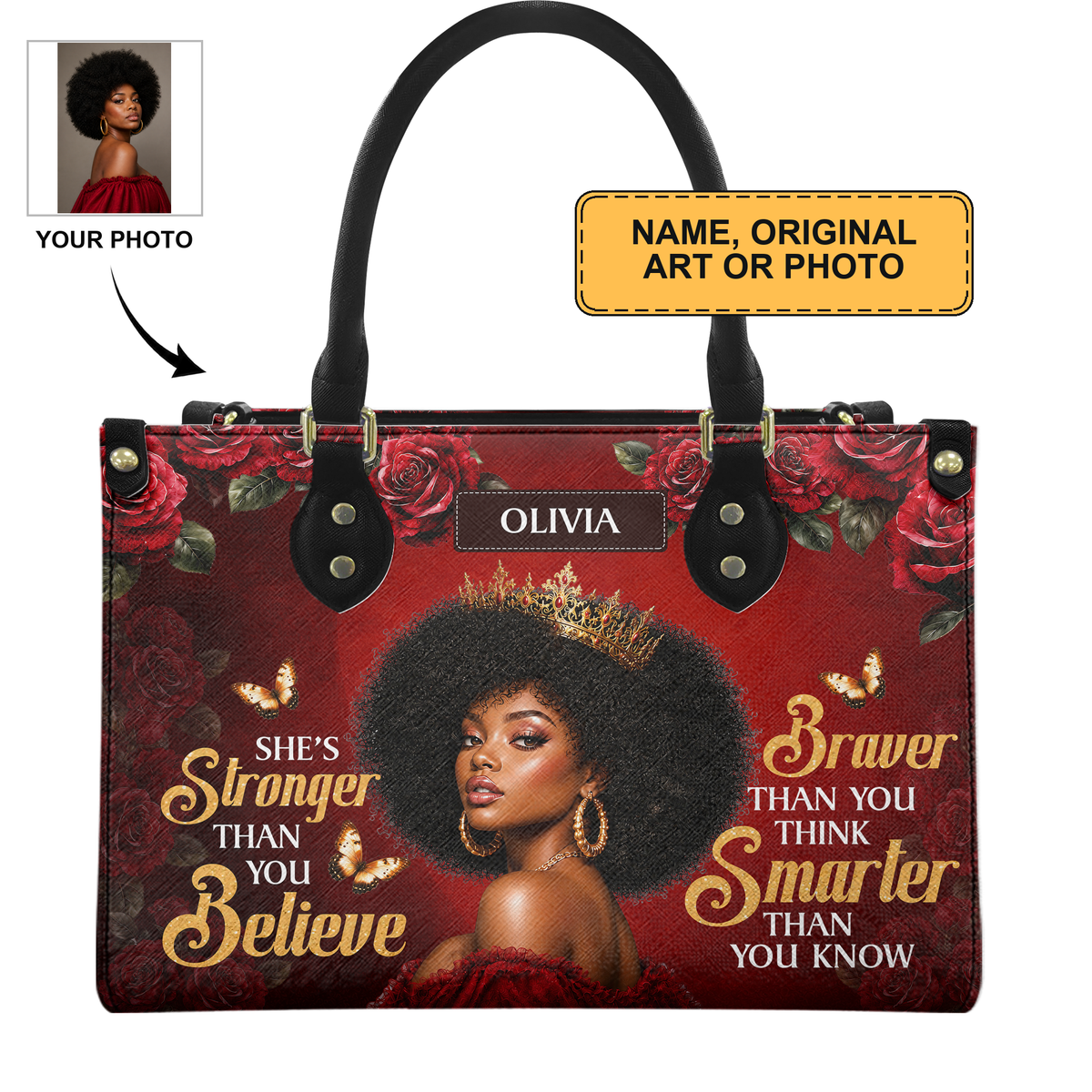Personalized Stronger, Braver, Smarter Leather Handbag — D13 product image