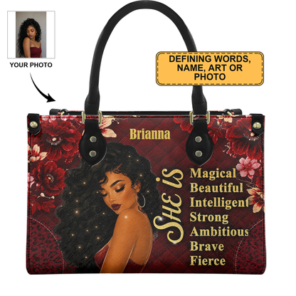 Personalized She Is leather handbag — defining words, name, art or photo