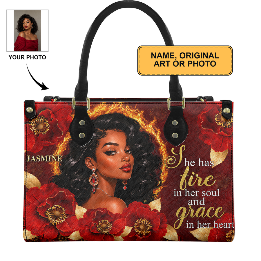 Personalized Fire In Her Soul, Grace In Her Heart Leather Handbag