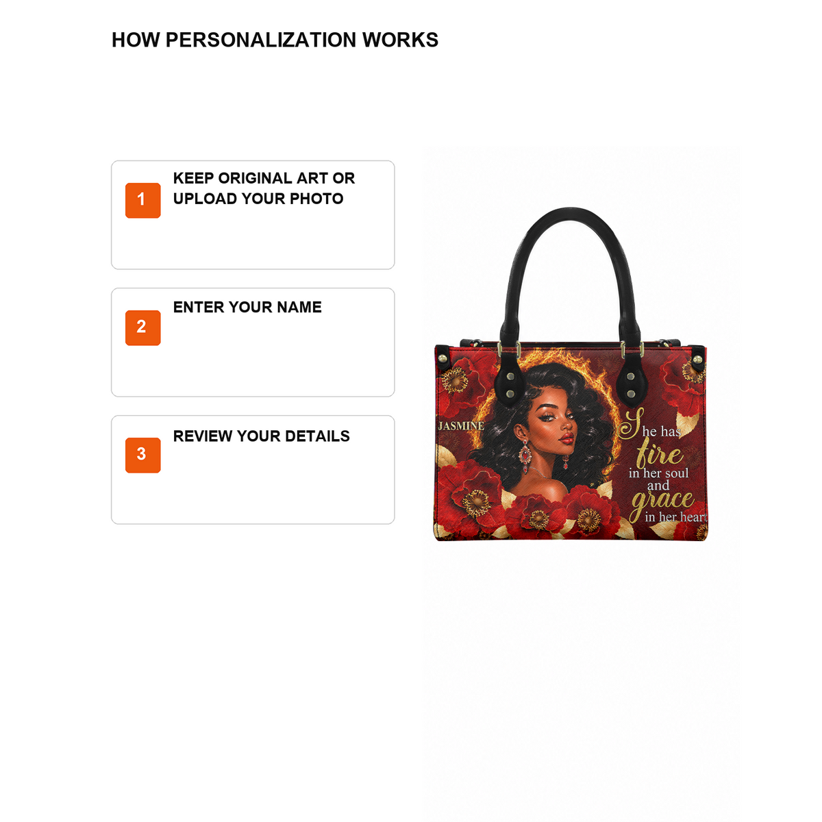 Personalized Fire In Her Soul, Grace In Her Heart Leather Handbag — D12 product image