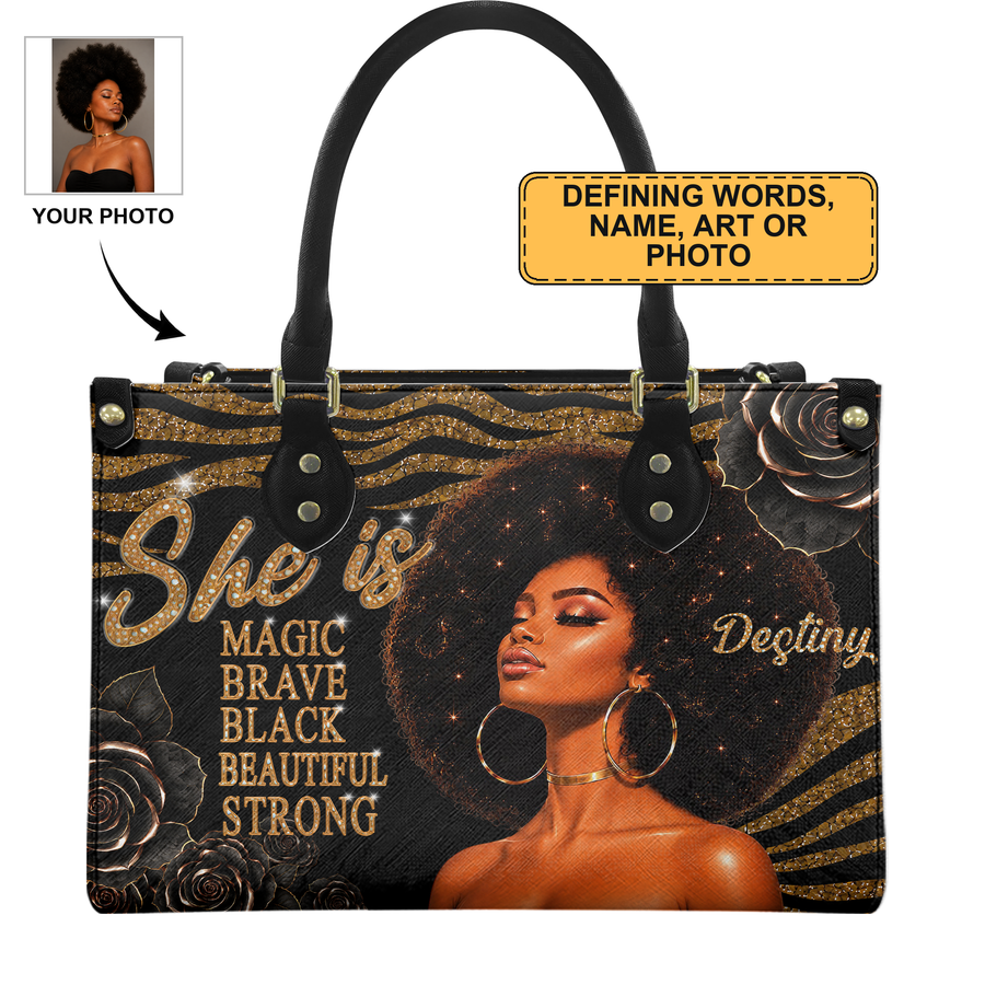 Personalized She Is – Black Queen Leather Handbag