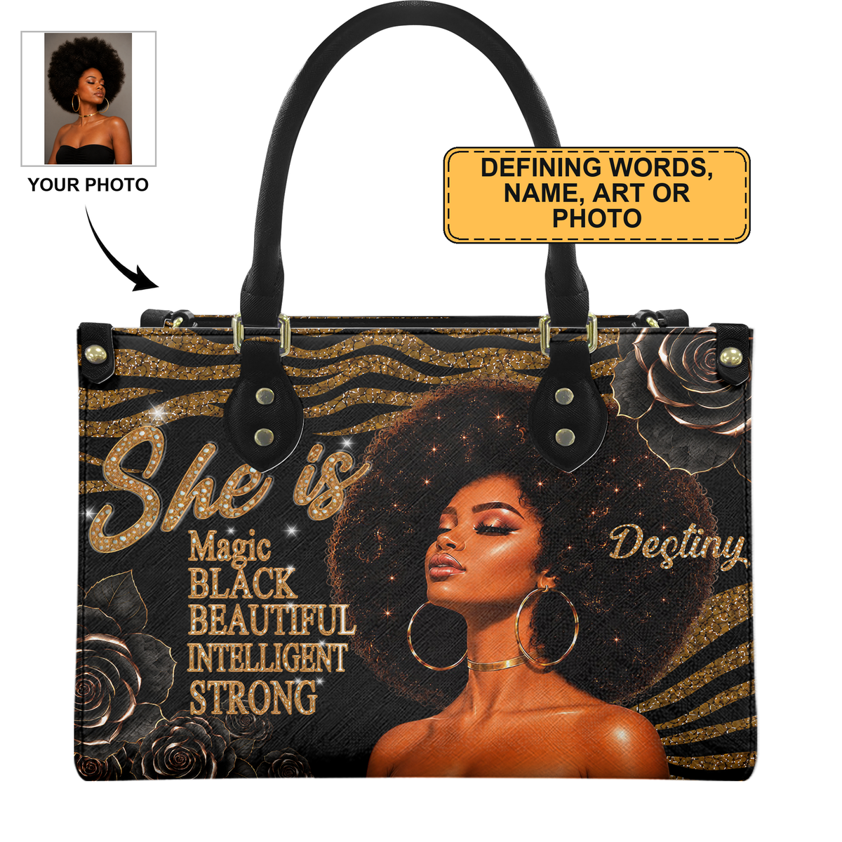 Personalized She Is Black Queen leather handbag — defining words, name, art or photo