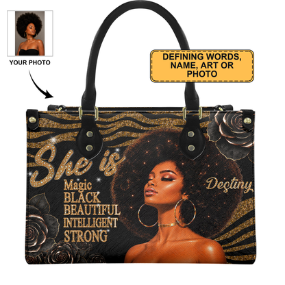 Personalized She Is Black Queen leather handbag — defining words, name, art or photo