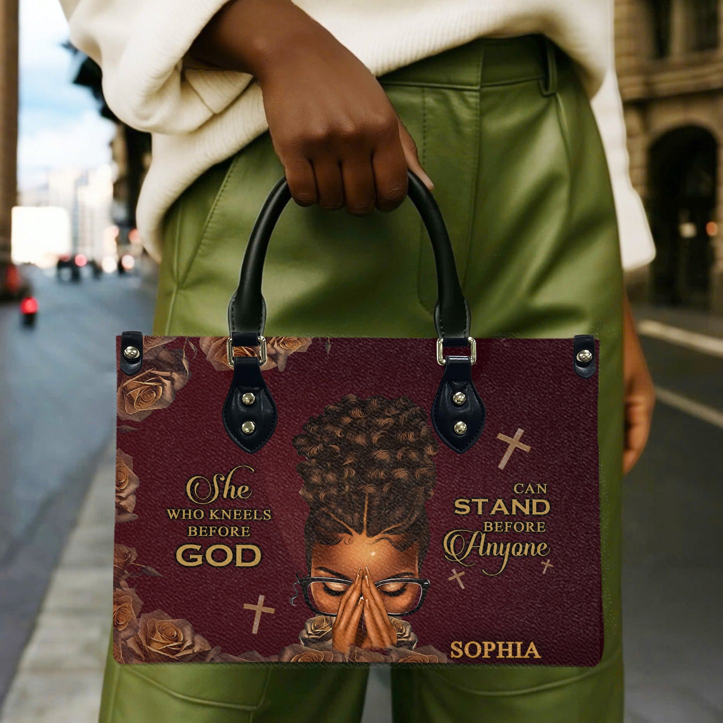 She Who Kneels Before God Can Stand Before Anyone (Maroon) - Personalized Leather Handbag YA1-Ha