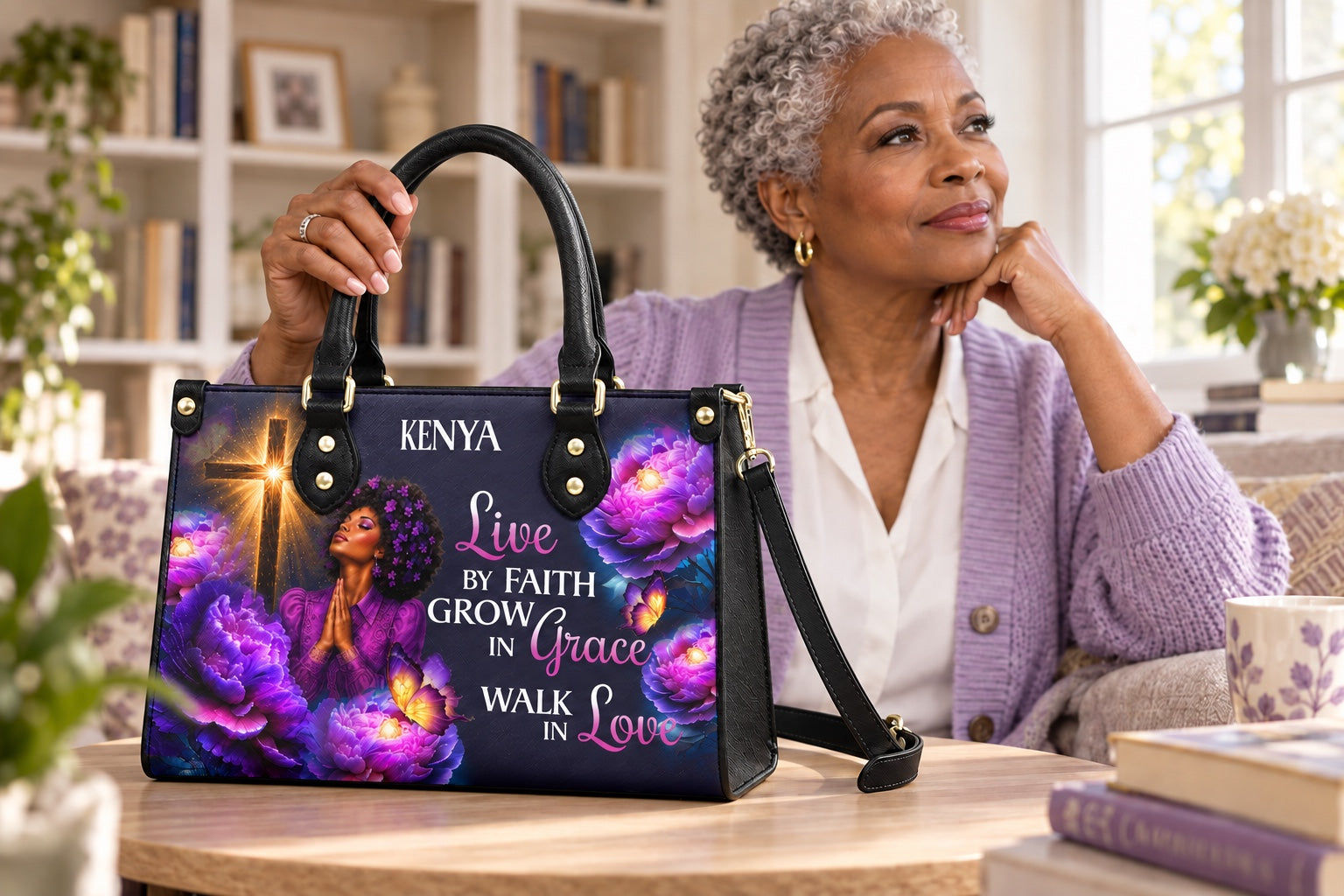 Woman with the Live by Faith V2 handbag