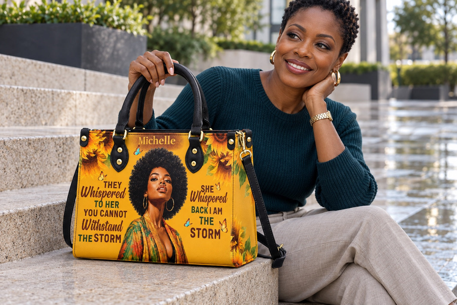 Woman with the I Am The Storm V2 handbag