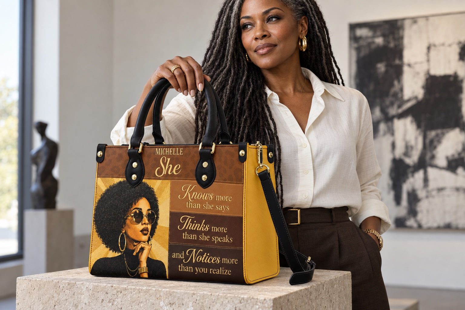 Woman with the She Knows V1 handbag in a gallery