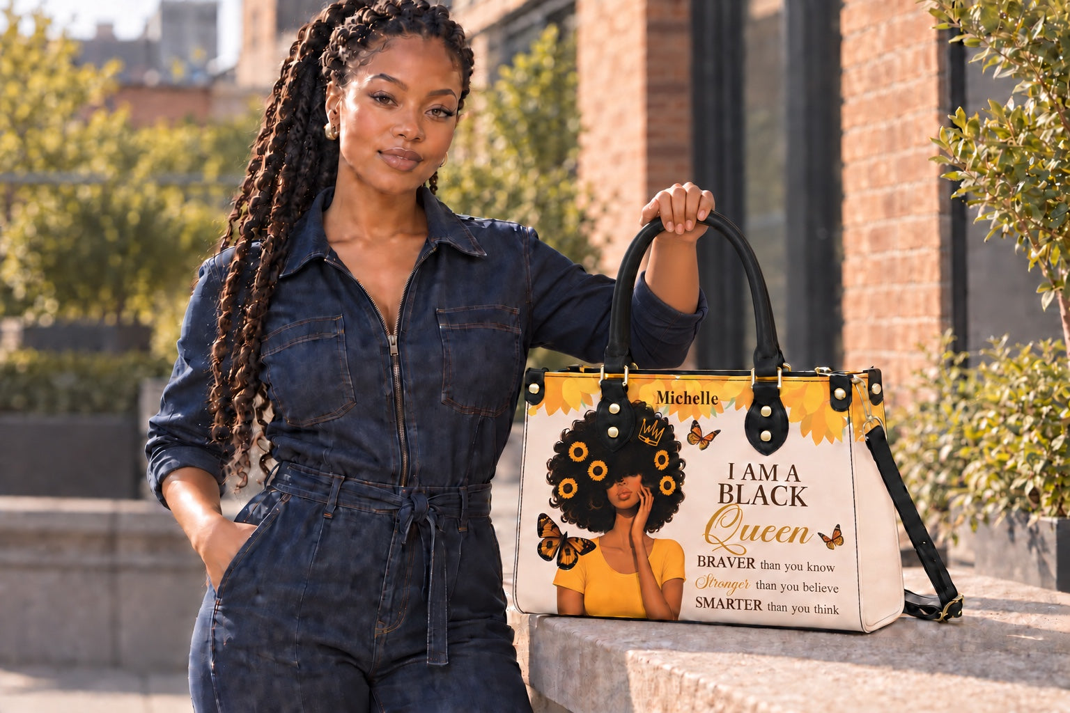 Woman with the I Am A Black Queen V1 handbag