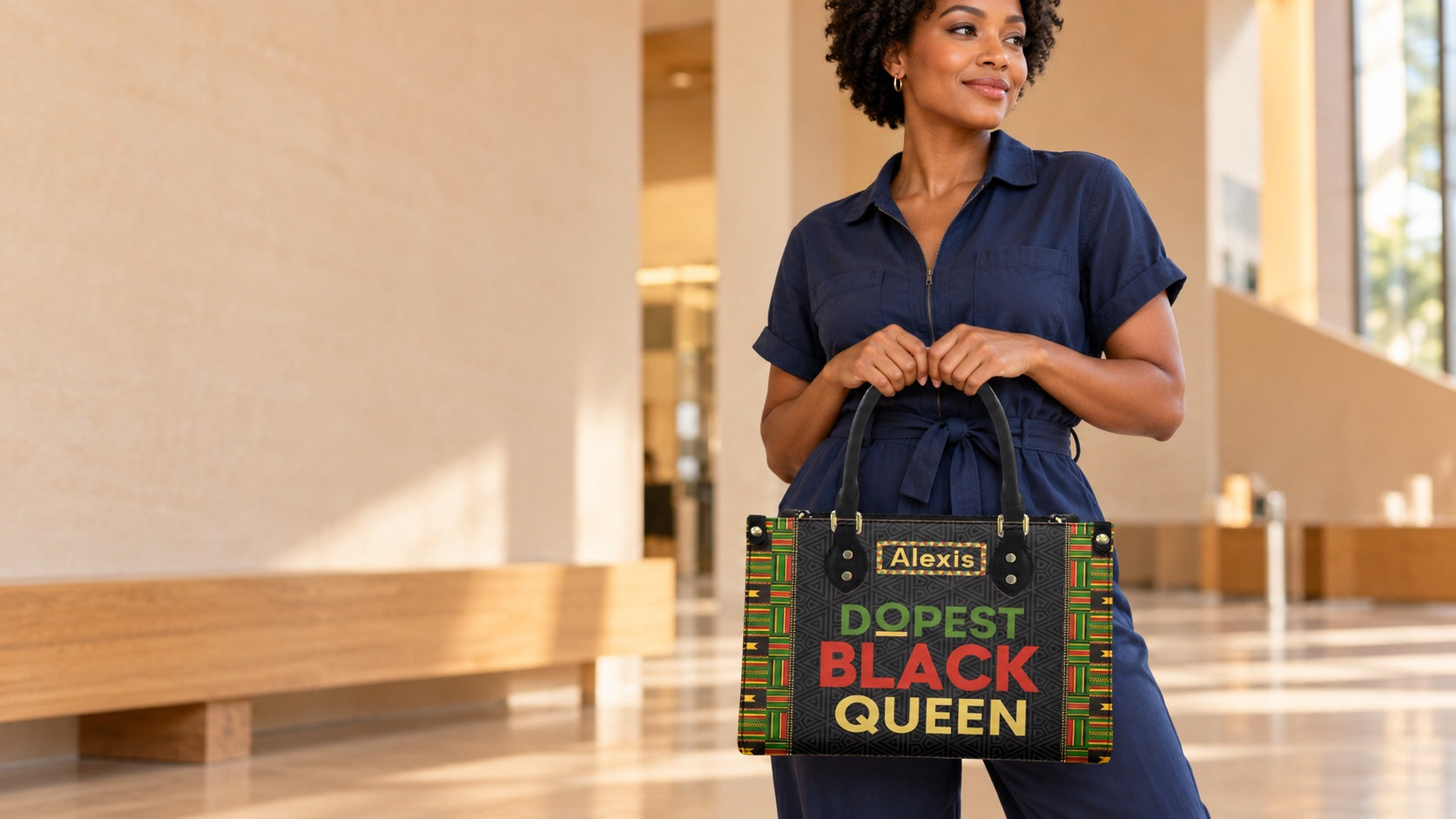 Woman carrying the Dopest Black Queen handbag on an arts outing