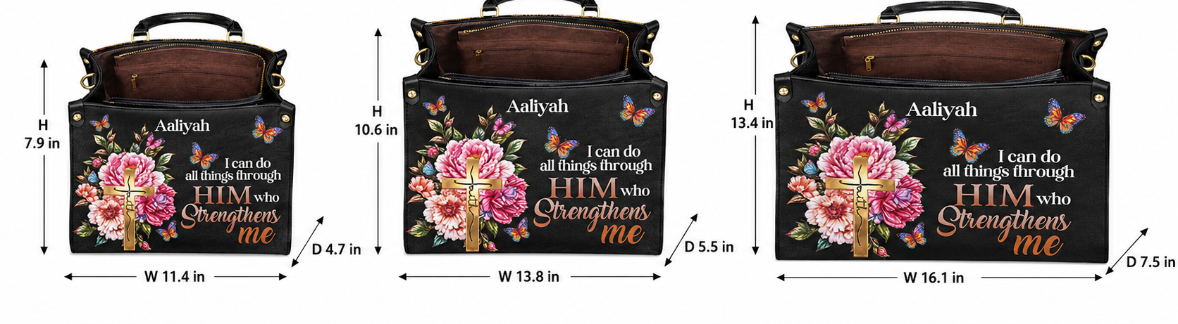 Medium, Large, and X-Large handbags shown side by side with their listed width, height, and depth in inches